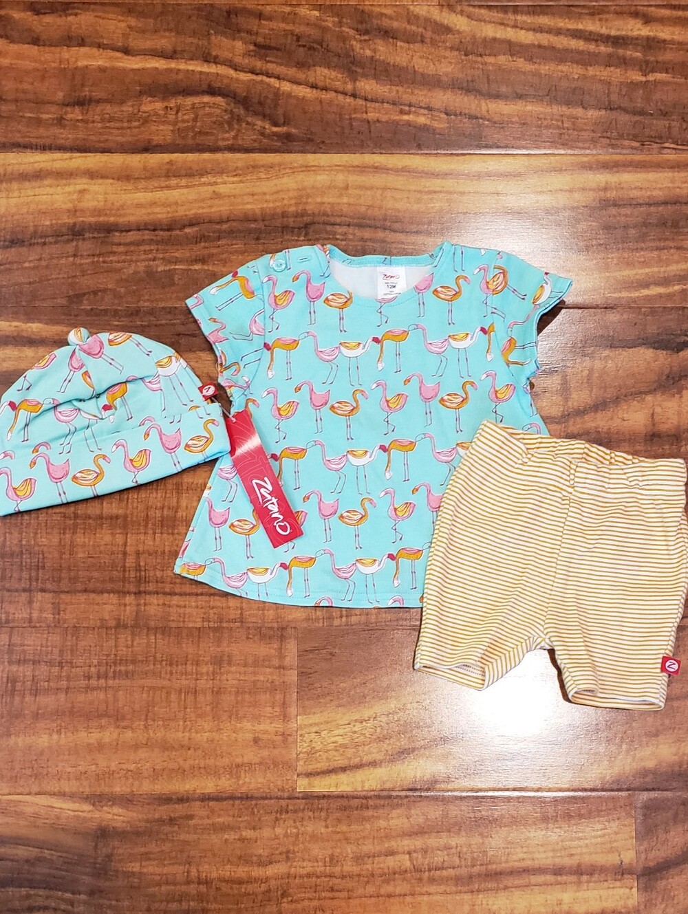 Zutano NWT, EUC 12 months flamingo top, orange striped bike shorts, flamingo hat